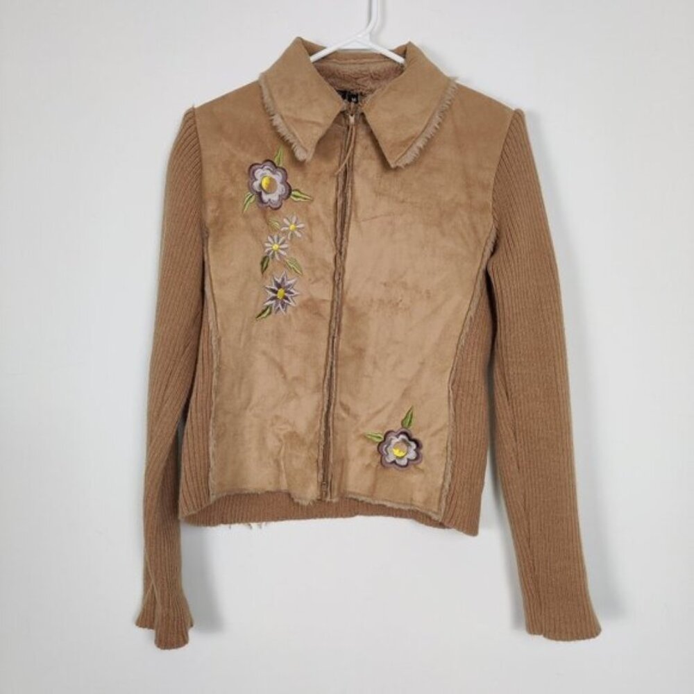 Dex Fresh Womens Jacket Size M Beige Floral Embroidery Knit Suede Y2K